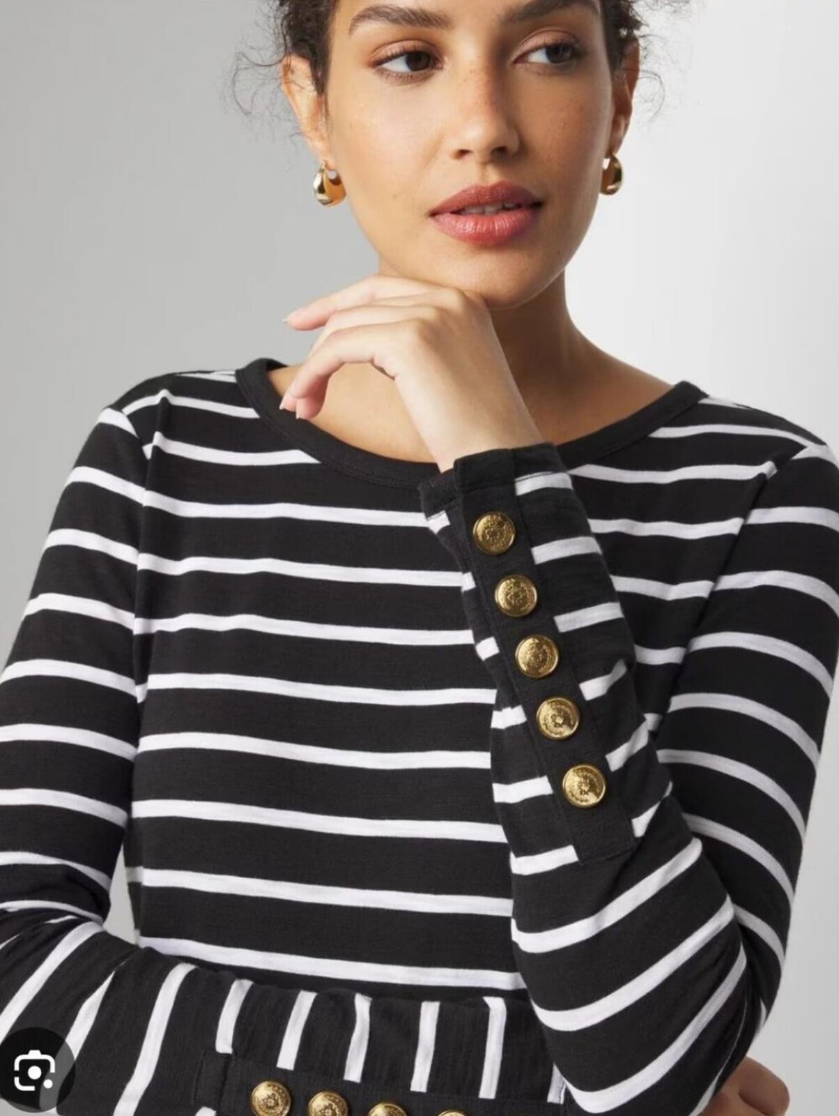 White House Black Market Striped Long Sleeve Tee Cuff Gold Buttons Med Luxury