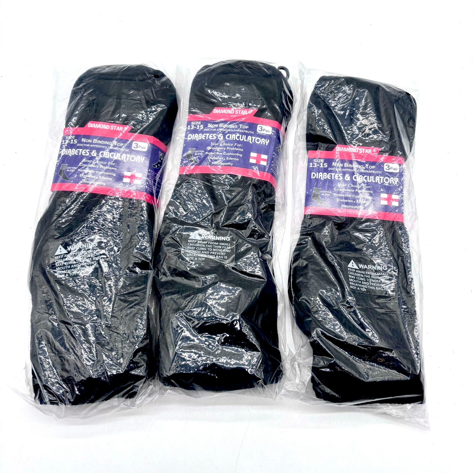 Lot Of 3 (9 Pairs) Diamond Star Non Binding Top Diabetic Ankle Socks Size 13-15