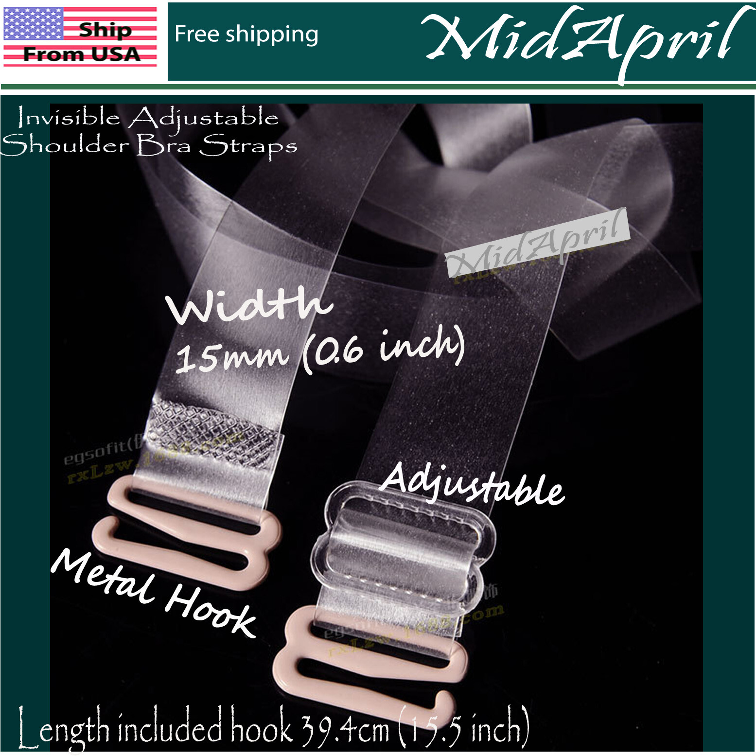 Clear Transparent Invisible Adjustable Shoulder Bra Straps 15mm width 39.4 cm