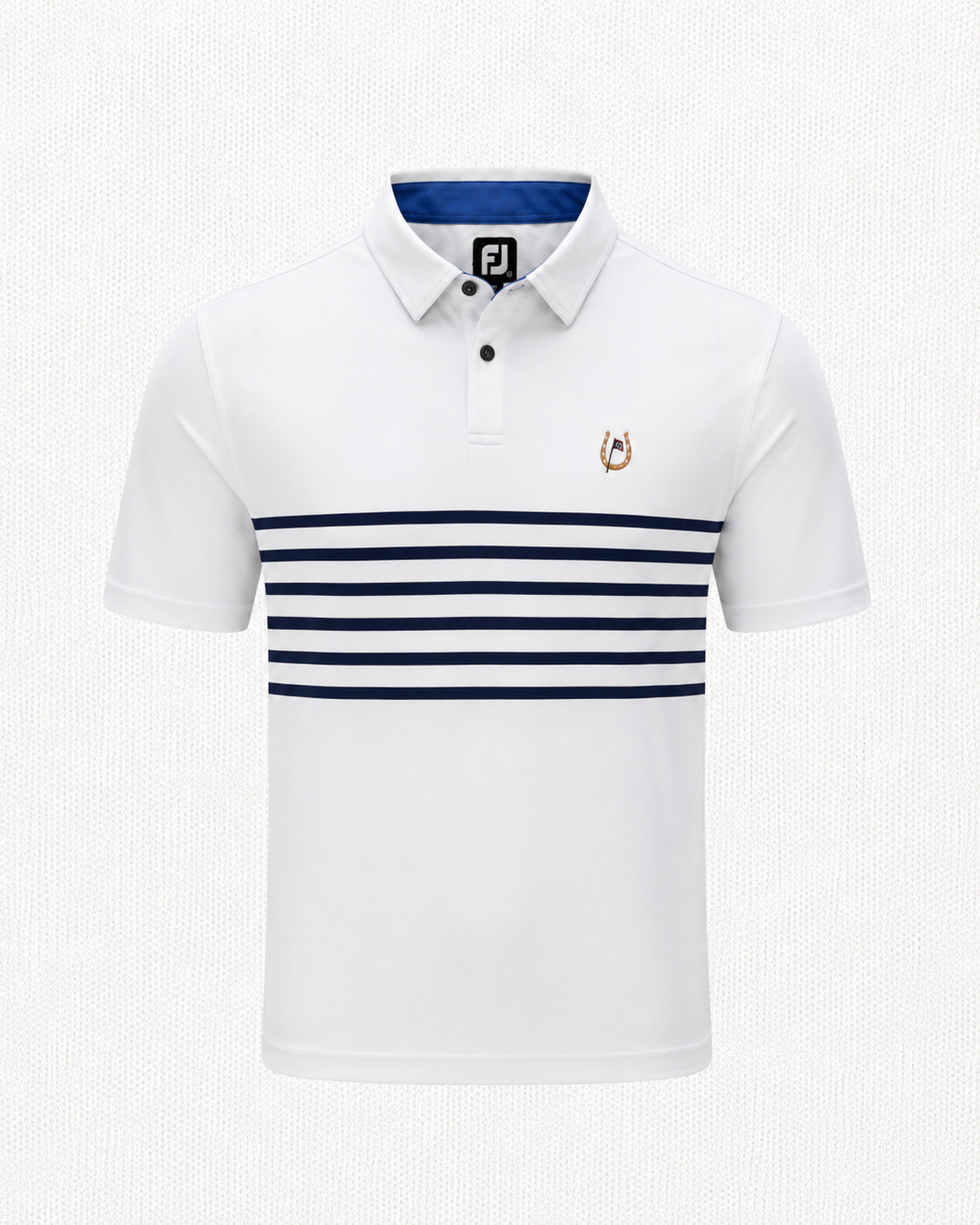 FootJoy Golden Horseshoe Golf Club Polo Mens White Navy Stripe Williamsburg VA M