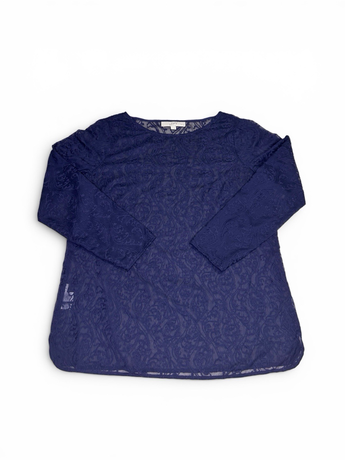 LOFT Petites LP Navy Blue Sheer Lace Blouse Long Sleeve Embroidered Top
