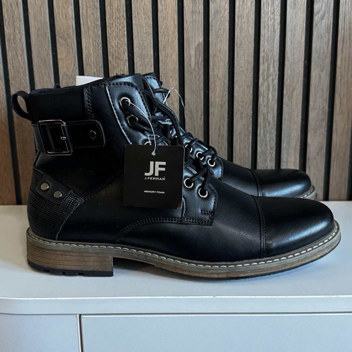 J.Ferrar Men’s Black Combat Ankle Boots Cap Toe Lace Up Faux Leather US 8