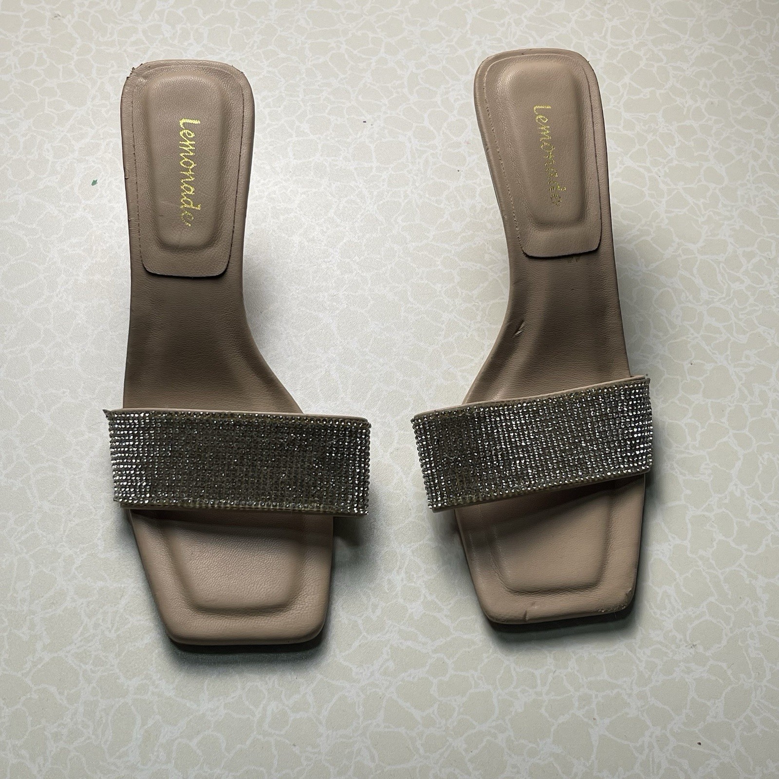 Lemonade Women’s Beige Rhinestone Strappy Slide Sandals Slip On US 7
