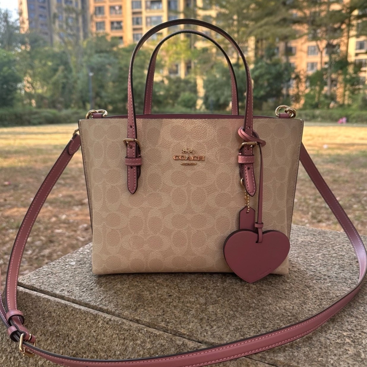 Coach Mollie Tote Bag 25 Signature Canvas With Heart Charm Sand Peony CDF03 New