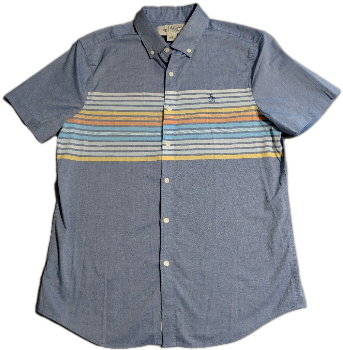 Original Penguin Button Front Shirt Men’s M Blue Striped Short Sleeve Stretch