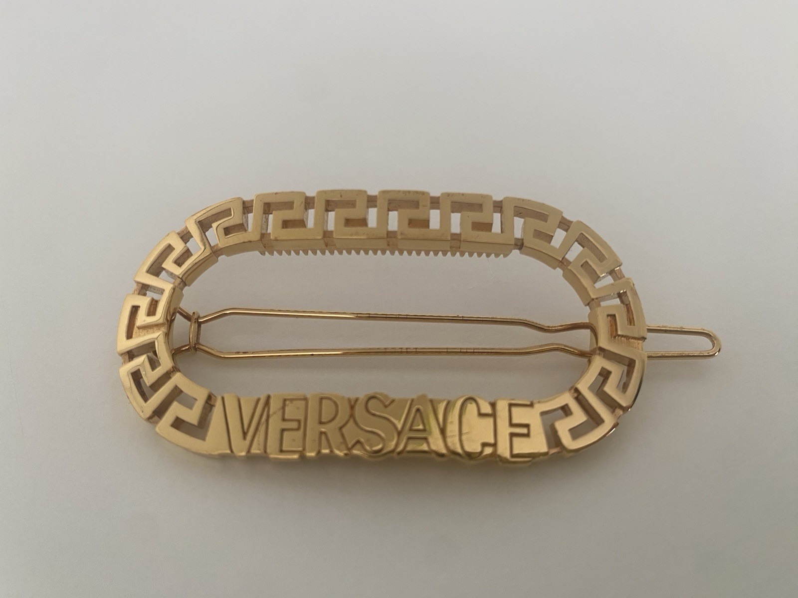 Versace Greek Key Logo Hair Clip/Barette/Accessory Gold Tone