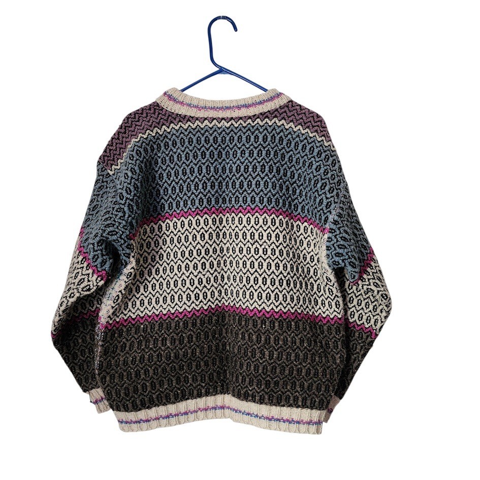 STEPHEN Handmade in Ecuador 80s Wool Cardigan Sweater Geometric Stripe Pattern