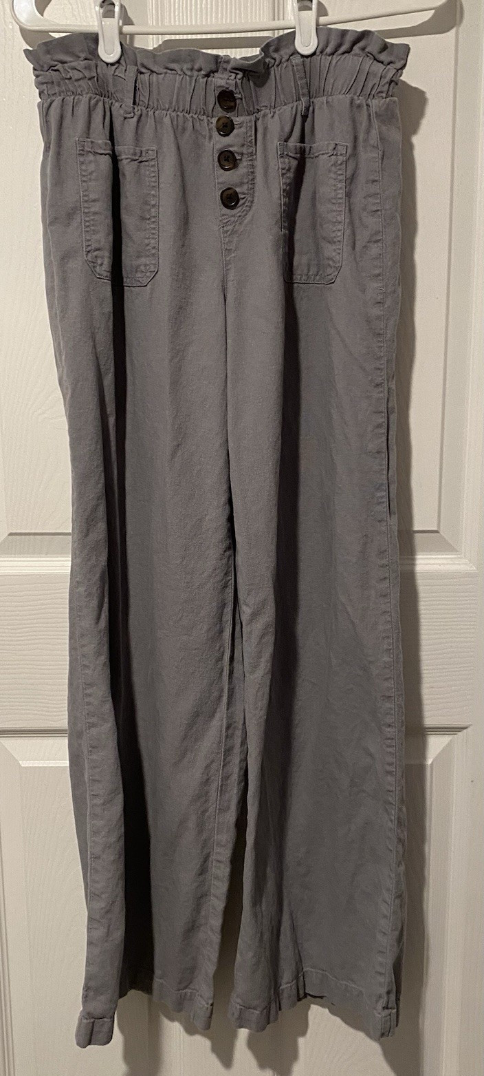Sincerely Jules Women’s M Gray Linen Blend Wide-Leg Paperbag Pants Pockets