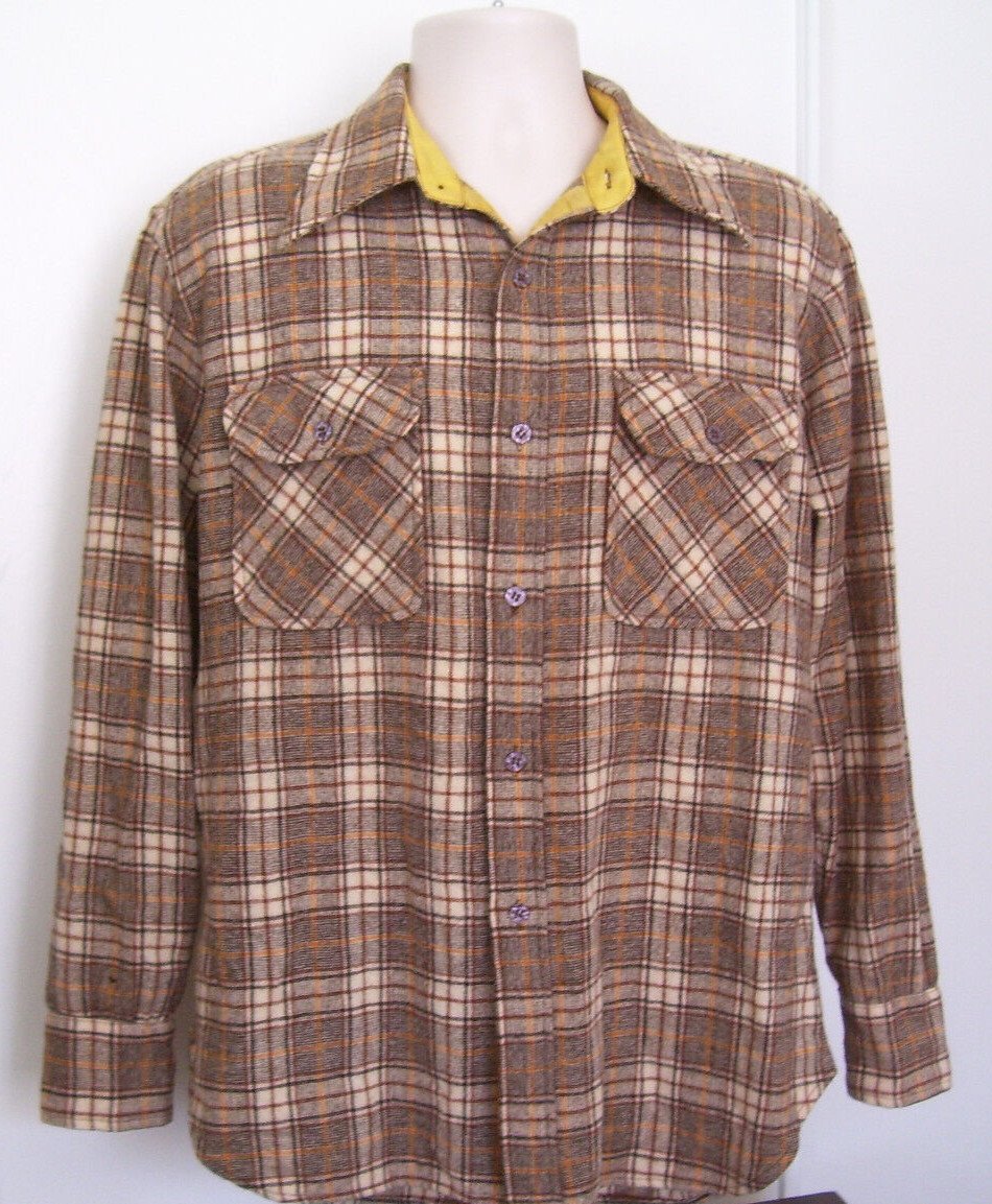 Vintage JCPenney Virgin Wool Mens Flannel Shirt Jacket Sz L 16 16.5 Brown Plaid