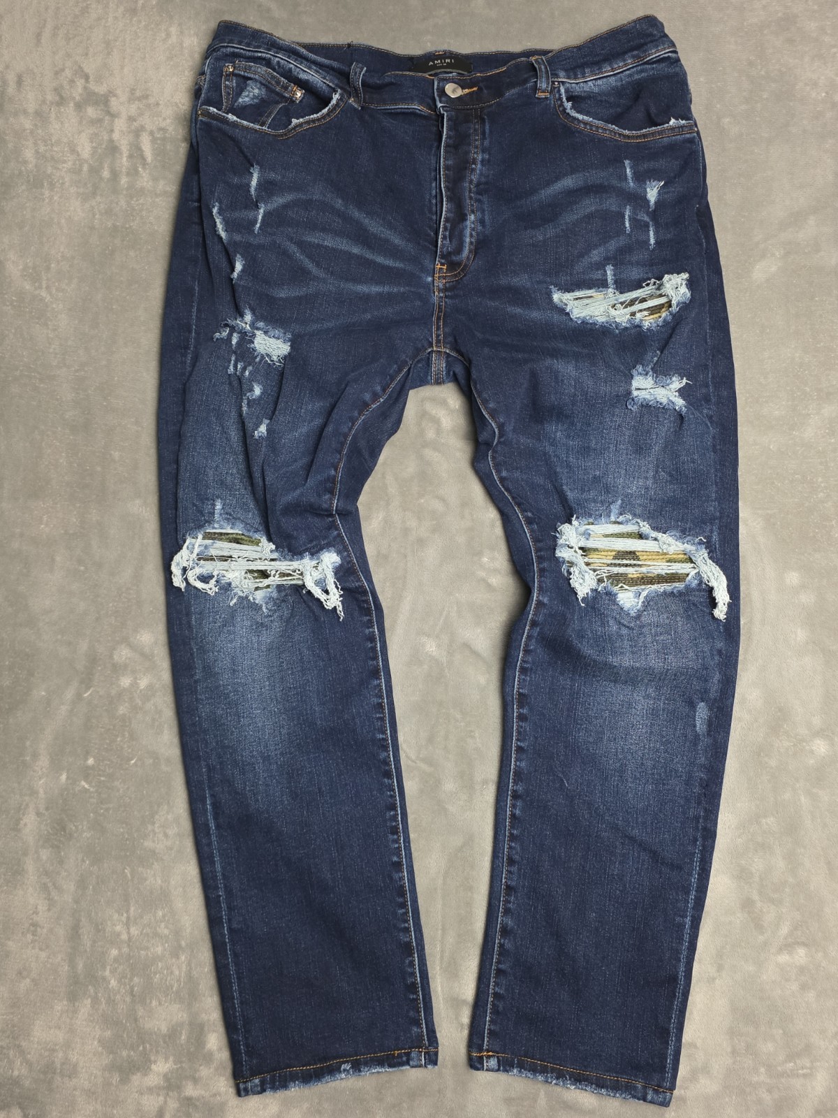 Amiri Jeans Size 38 MX1 Distressed Camo Patch Stretch Skinny Dark Blue Wash…