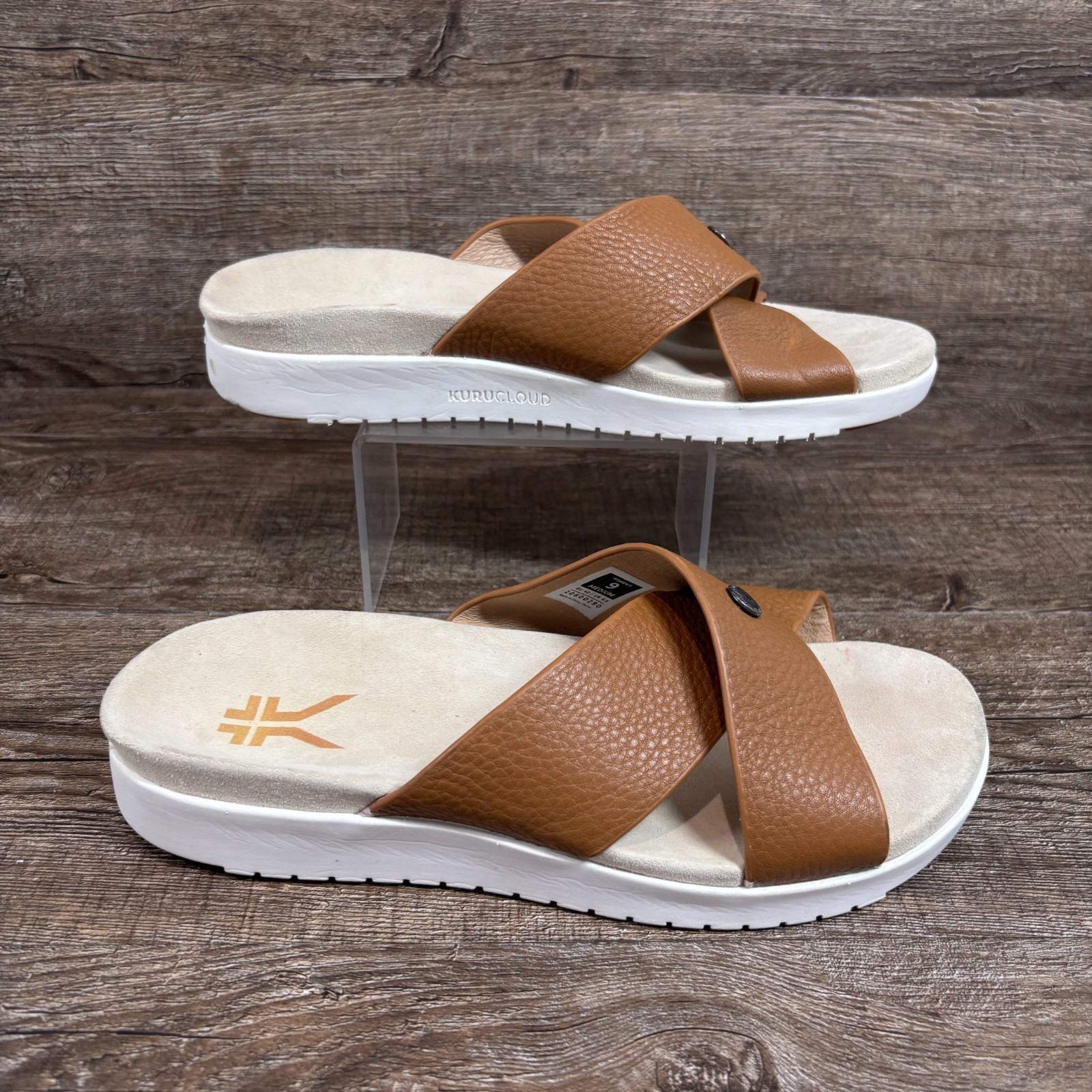 Kuru Breeze Sandals Women’s 9 Brown White Leather Slides Walking Slip-On