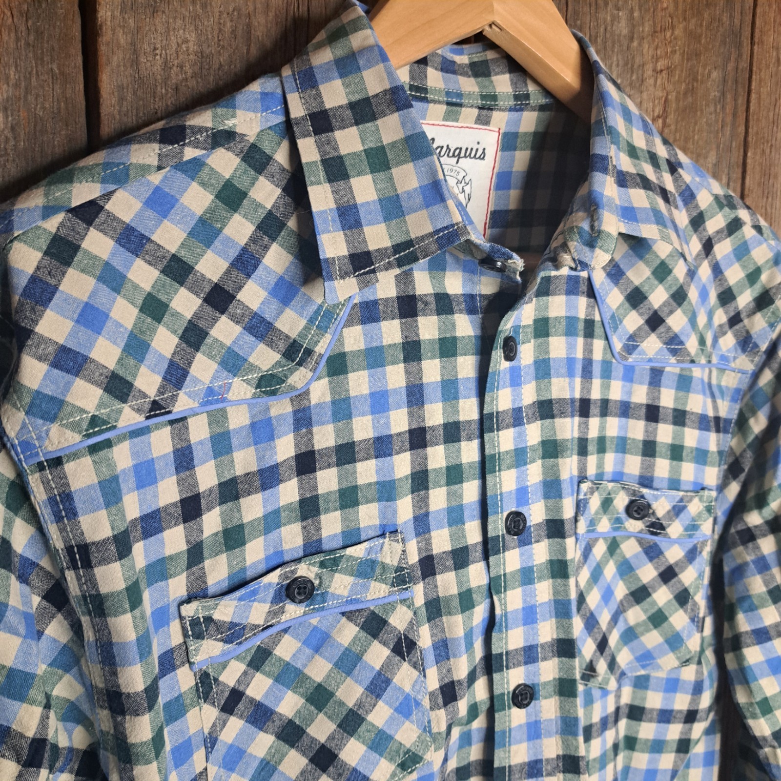 Vtg Western Americana Rockabilly Marquis Men’s L Plaid Flannel Snap Button Shirt