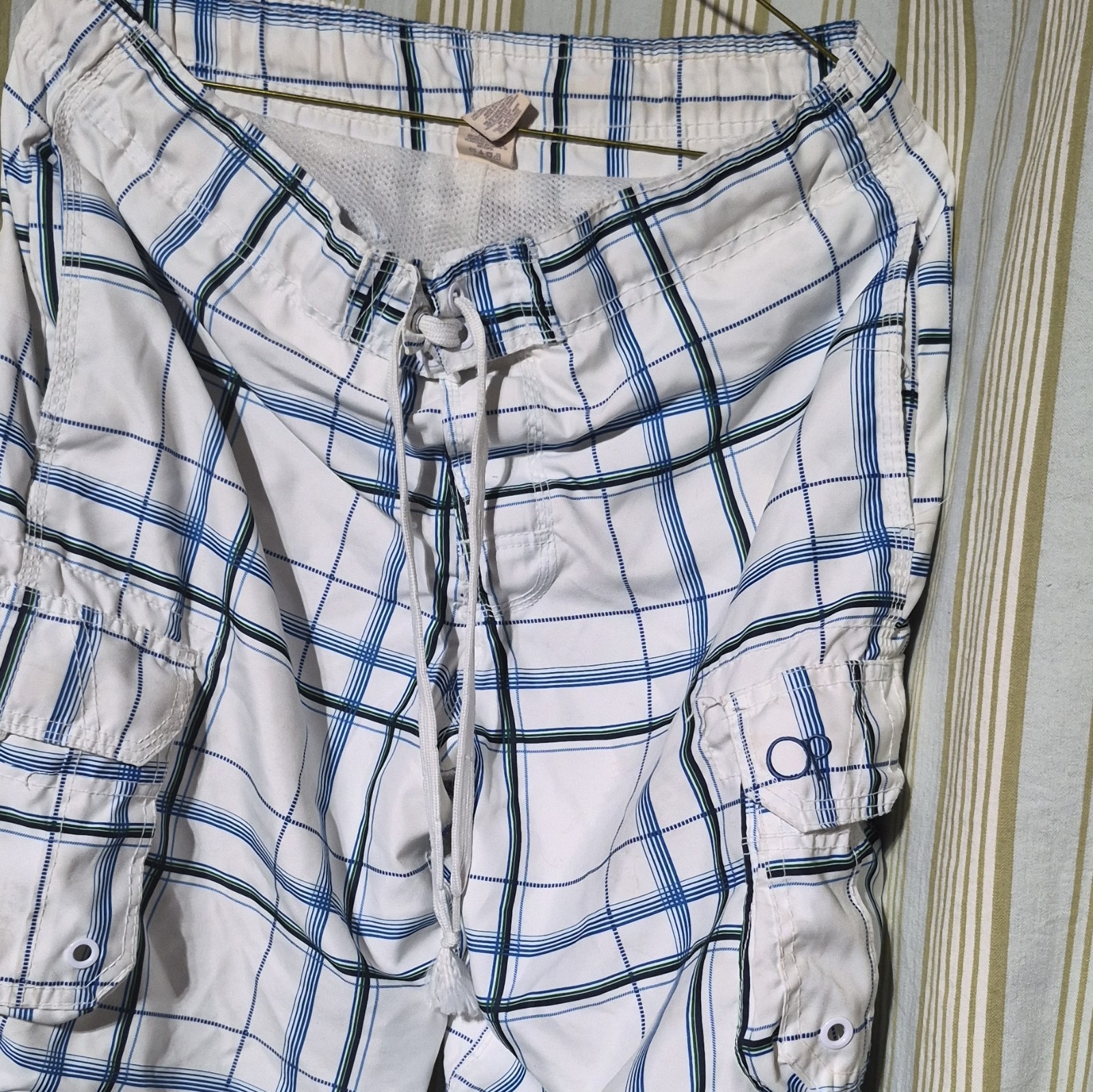 OP Men’s White Blue Green Plaid Cargo Shorts Polyester Drawstring Pockets S