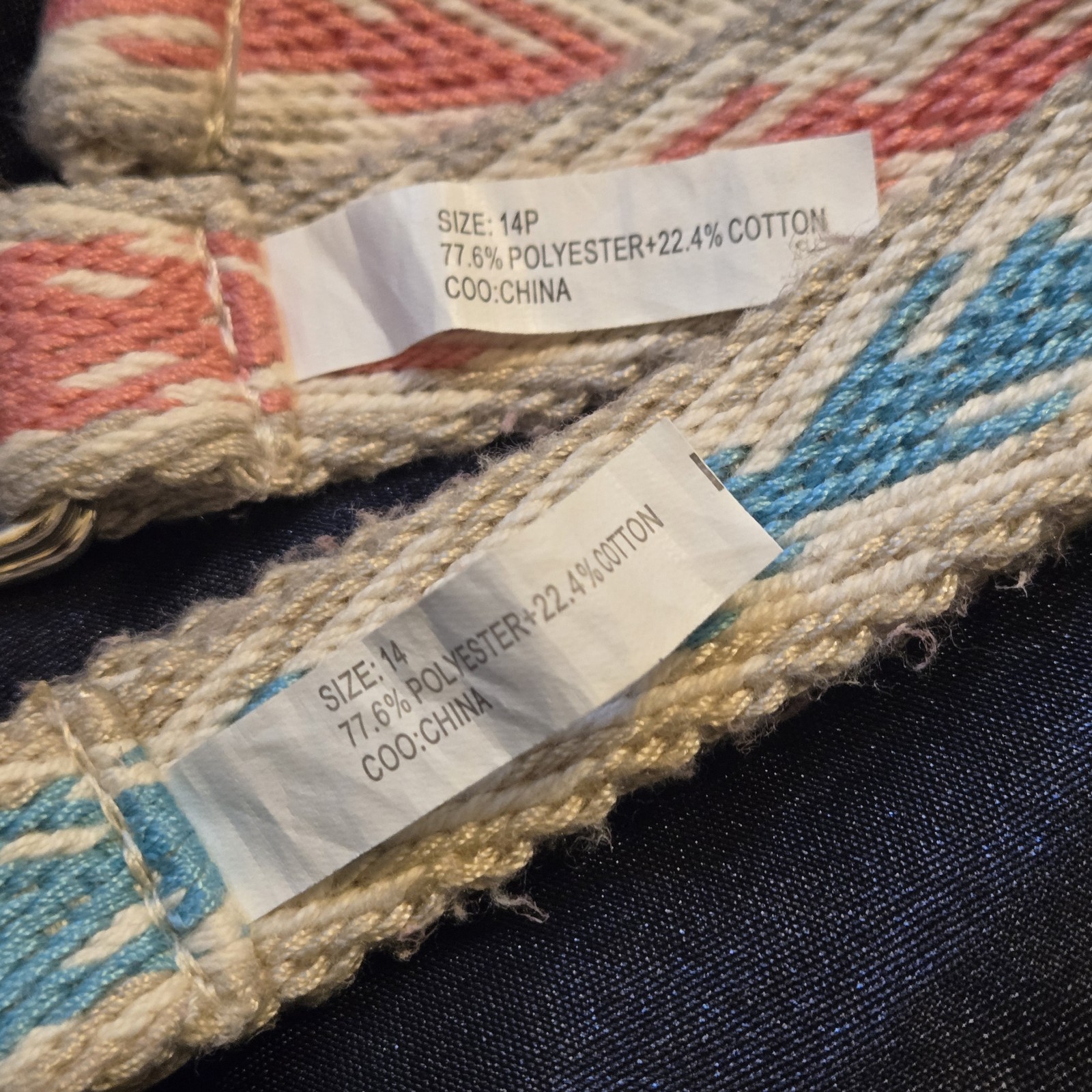 SET 2 Woven Belts sz 14 Adjustable Striped Blue Pink Double D Rings Poly Cotton