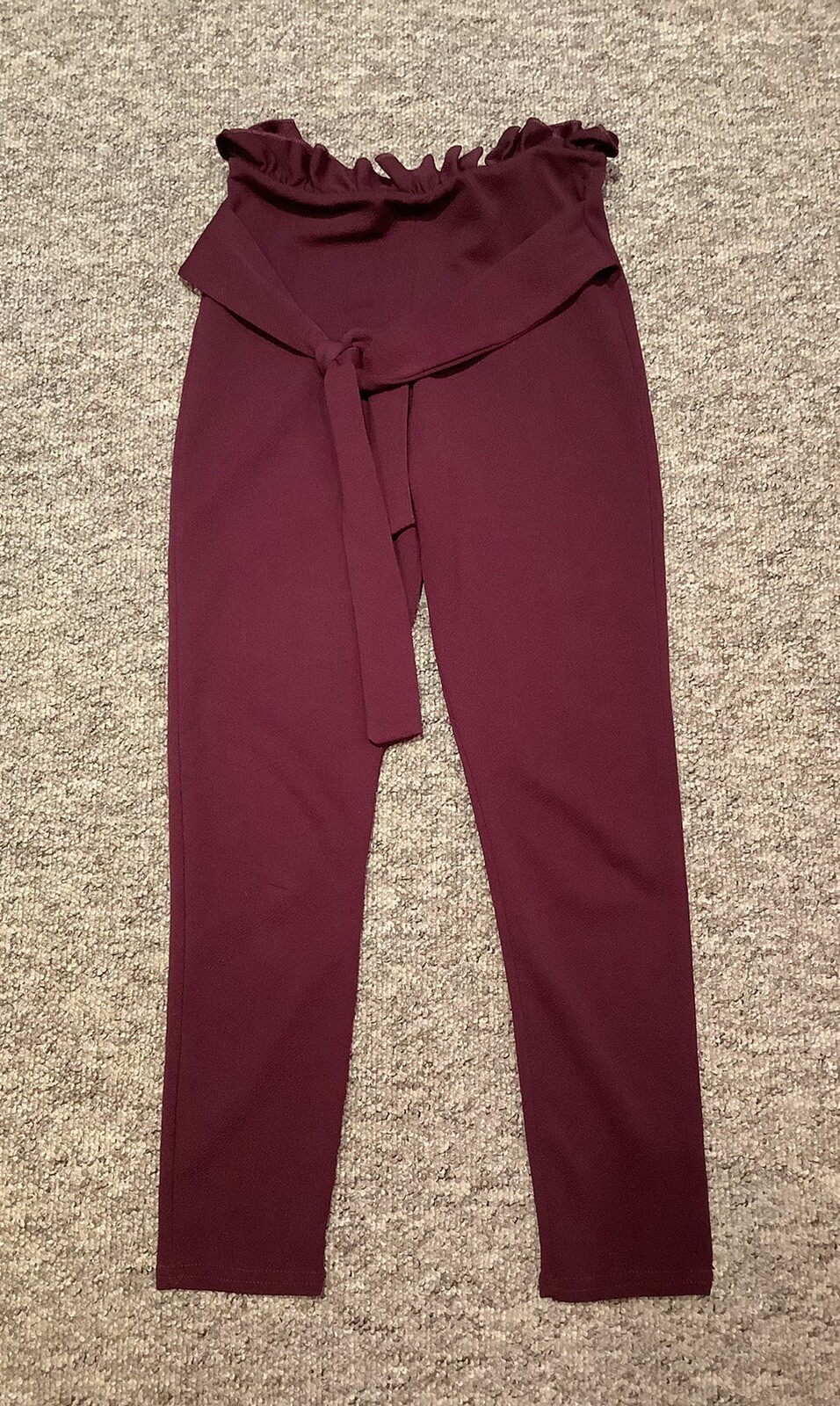 PRETTY LITTLE THING BURGUNDY COMFY FRILLED ELASTICATED STRETCH TROUSERS SIZE 6