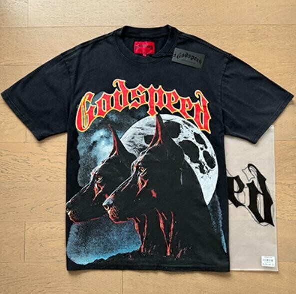 25/SS Godspeed Rock Skeleton hound Logo print pattern Tee Washed Mens T-shirt