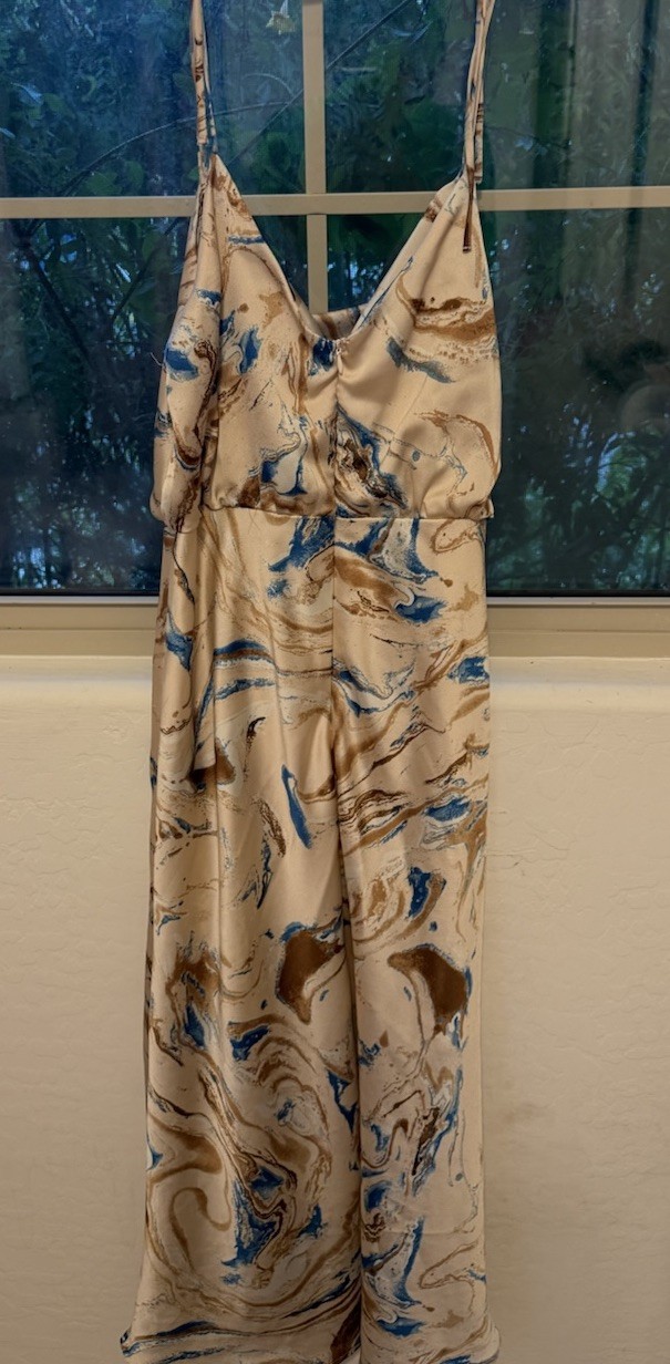 GILLI Beige Blue Brown Abstract Cowl Neck Strappy Maxi Slip Dress Size L