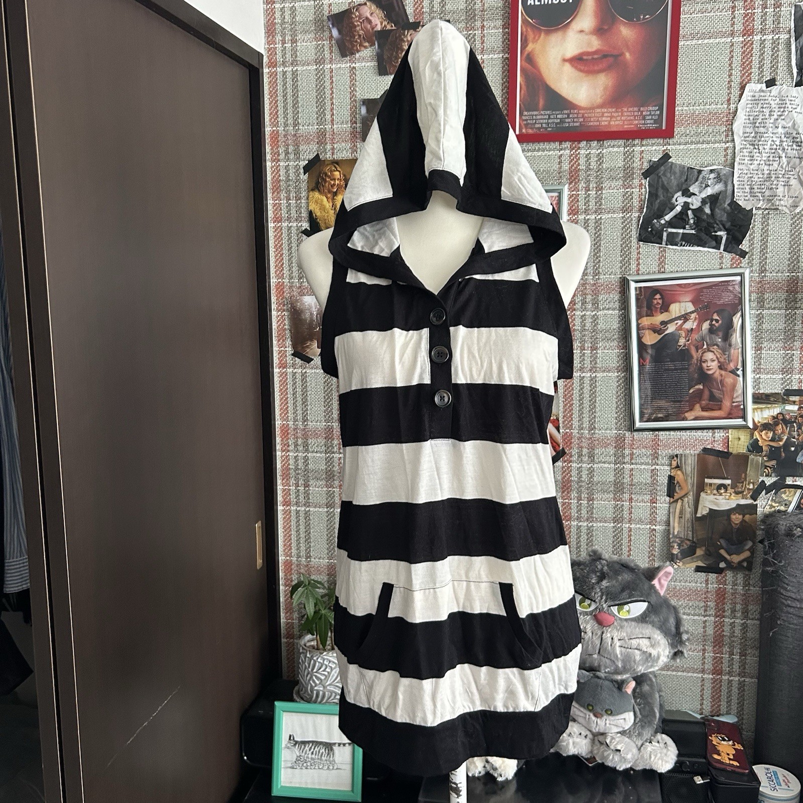 Striped Hooded Tunic Sleeveless Tank Top Button Front Beach Casual Sporty y2k