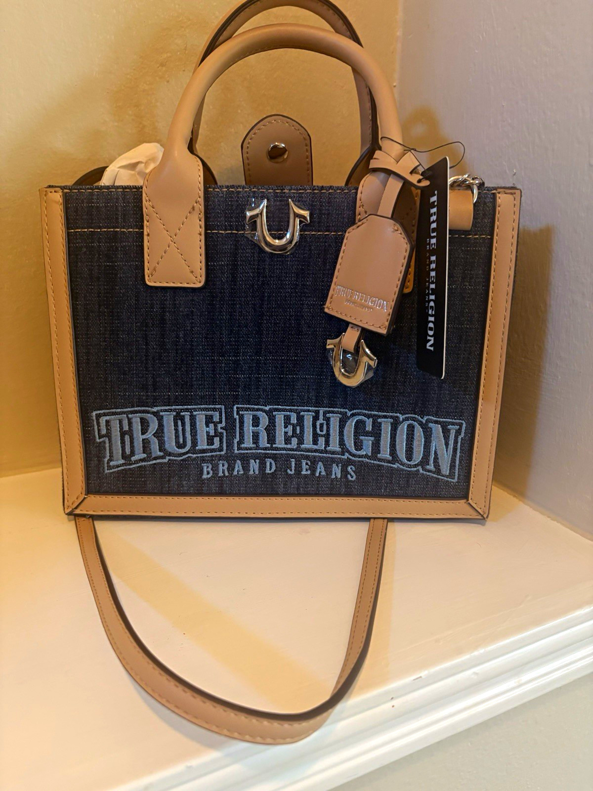 True Religion Medium Blue/Beige Logo Satchel Top Handle Bag Detachable Strap