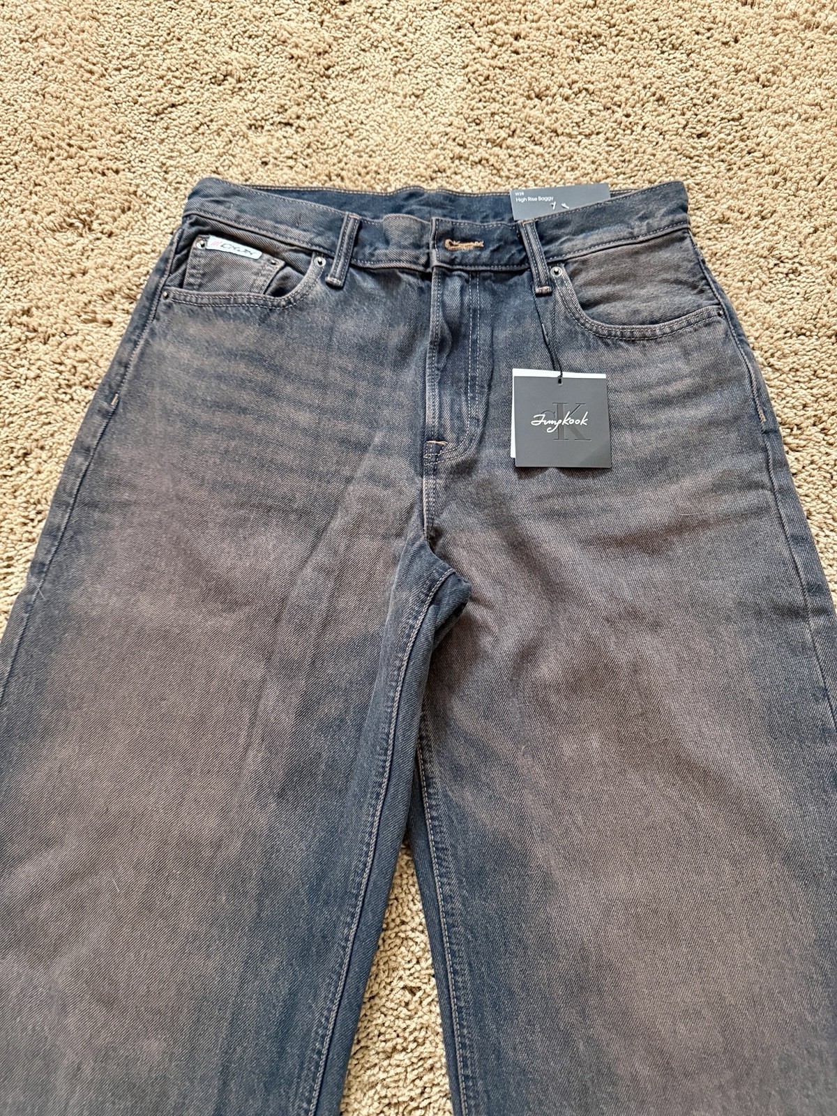 Calvin Klein Jung Kook High Rise Baggy Wide-Leg Gray Denim Jeans, 28
