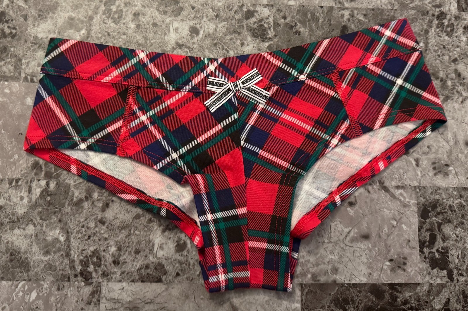NWT VICTORIA’S SECRET SMALL RED GREEN NAVY BLUE WHITE PLAID RARE CHEEKY PANTIES