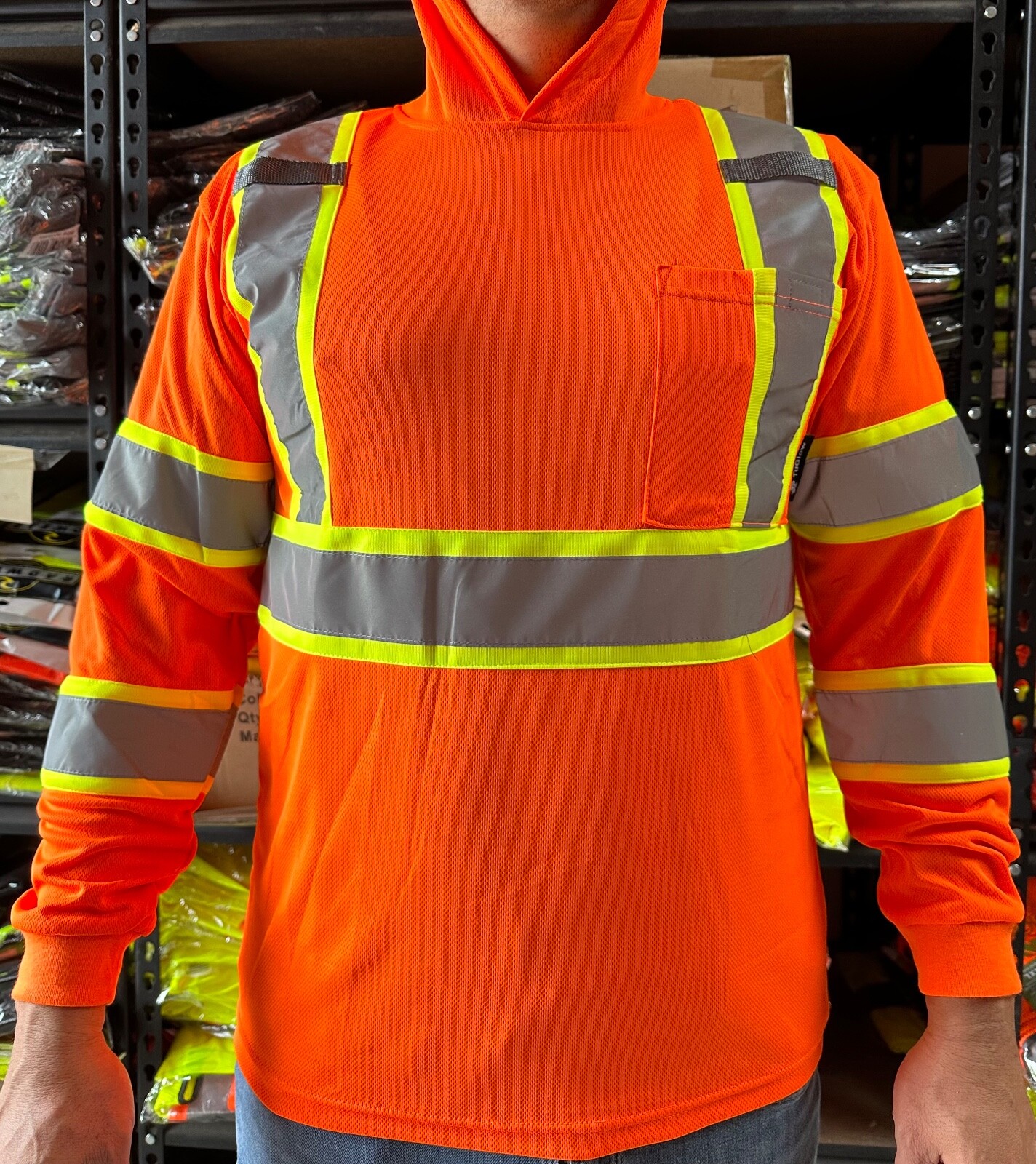 Hoodie Orange High Visibility Safety Shirt With Reflective Stripes