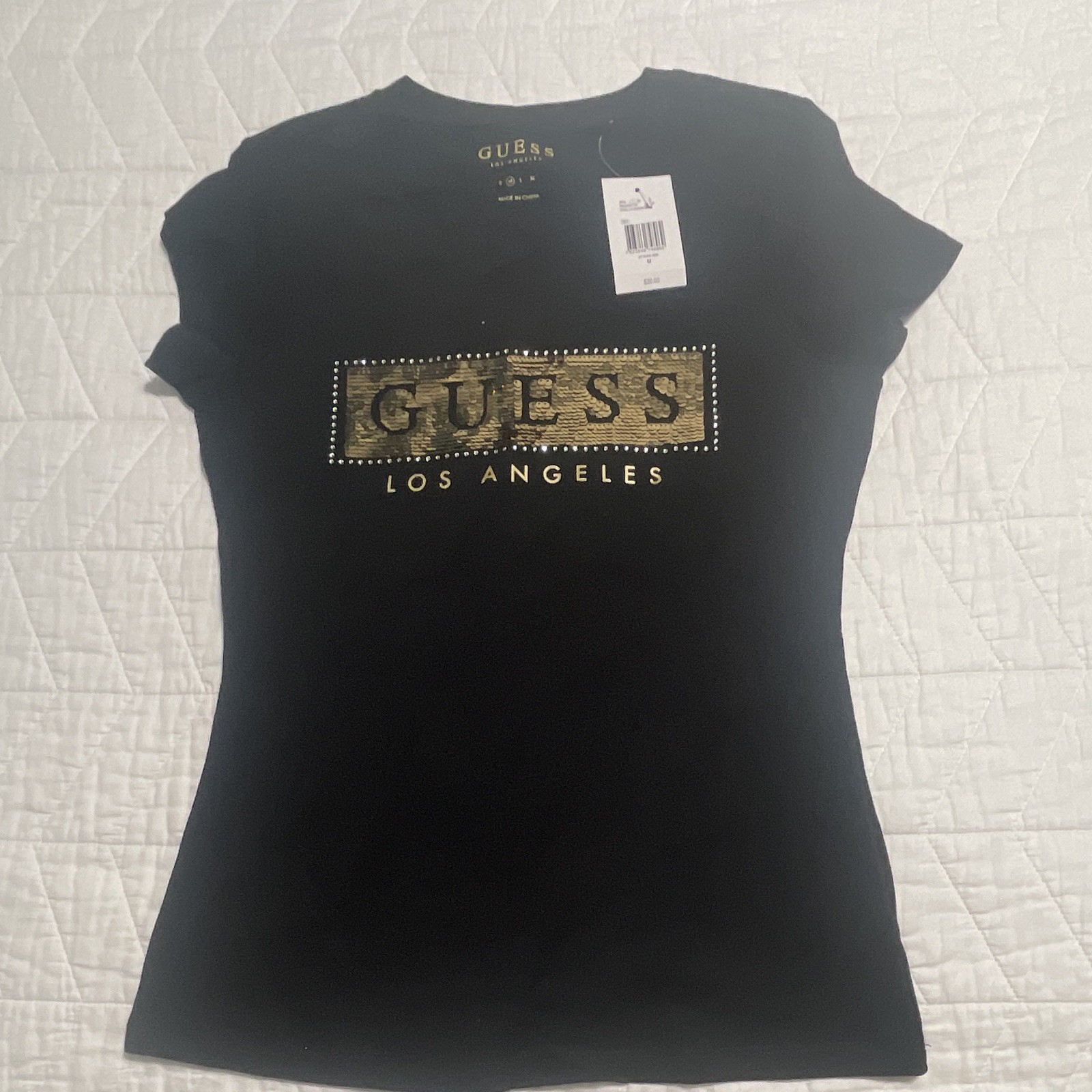 GUESS Los Angeles Black Logo Sequin Accent Crew Neck Short Sleeve T-Shirt M