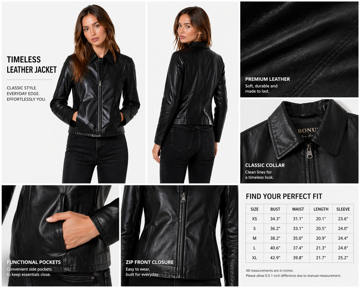 Genuine Leather Jacket Women Black Zip Up Slim Fit Classic Soft Leather Coat