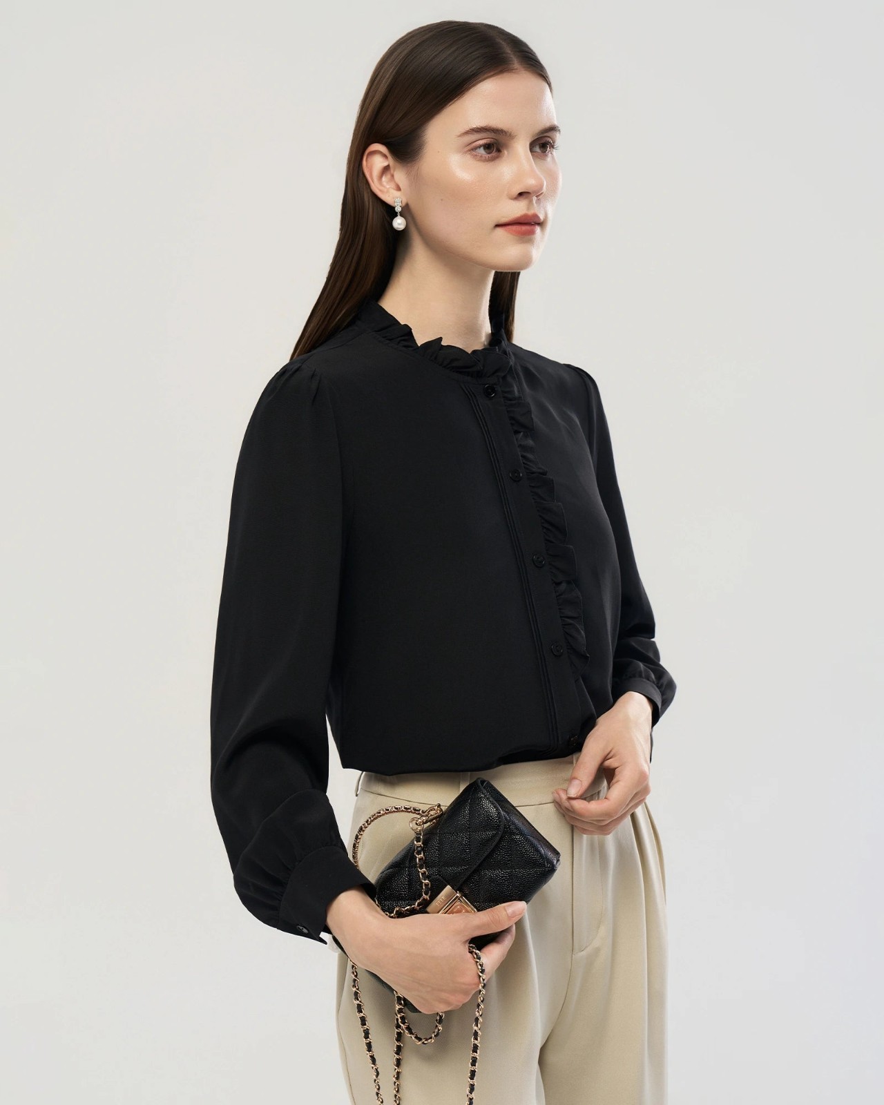 Long Sleeve Silk Blouse with Ruffle Trim