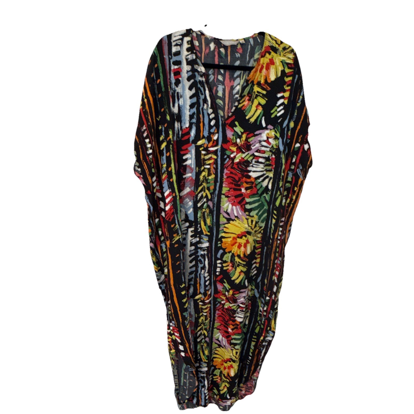 Vintage 90s Jams World JOY Kaftan Dress Medium Abstract Art Pop Rayon Maxi USA