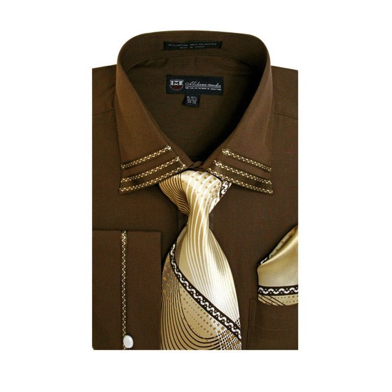 Fortino Landi Men’s French Cuff Dress Shirt with Tie and Handkerchief SG28