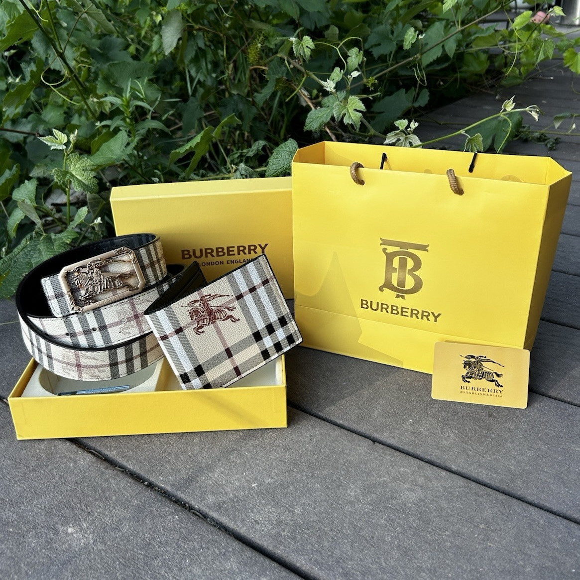 Burberry Men’s matching belt-wallet set with box and bag