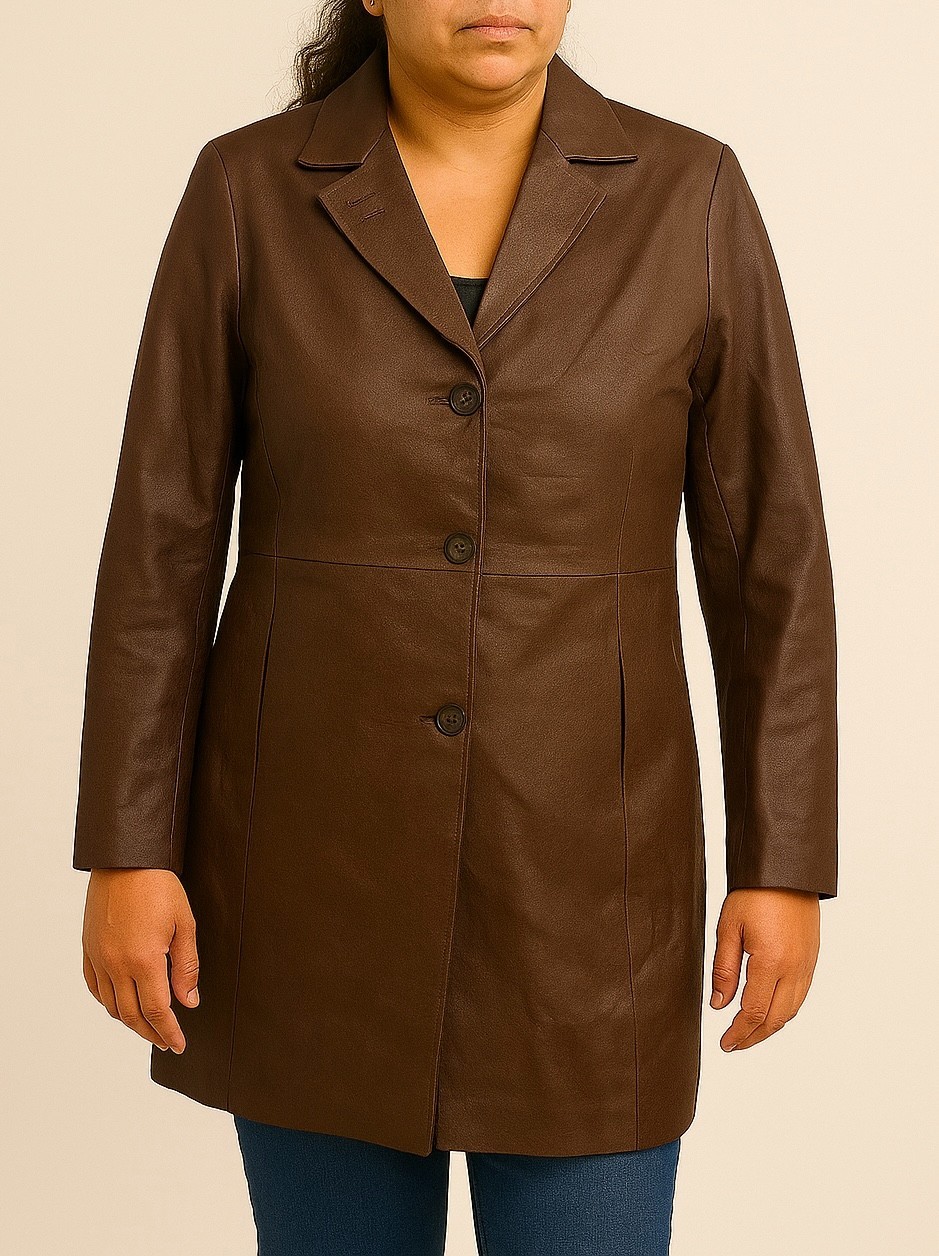Women’s Brown Genuine Leather Coat Jacket – Classic Button Front – Holiday Speci