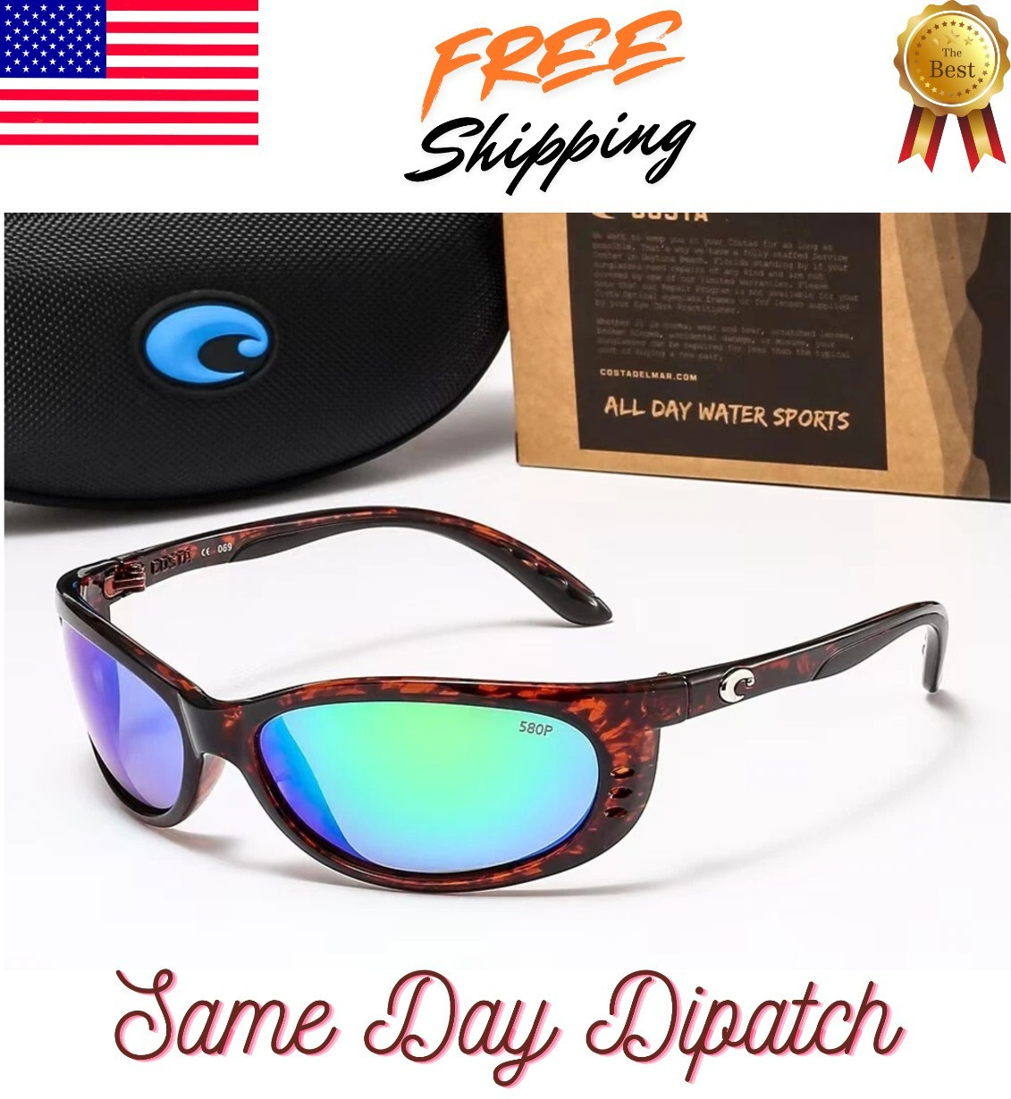 Costa del Mar Brine Tortoise Shell Frame Green Mirror Polarized Sunglasses 580P
