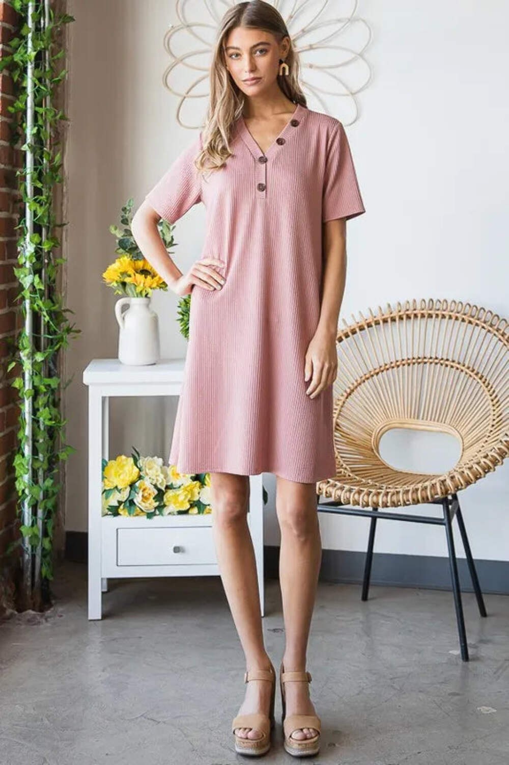 Heimish Pink Ribbed Collared Neck Short Sleeve Mini Dress with Buttons