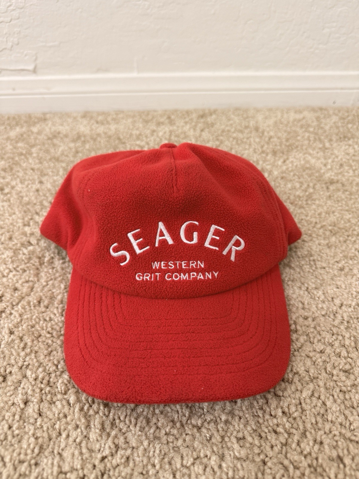 Seager Grit Company Hat Cap Snap Back Red Script Logo Men’s Casual