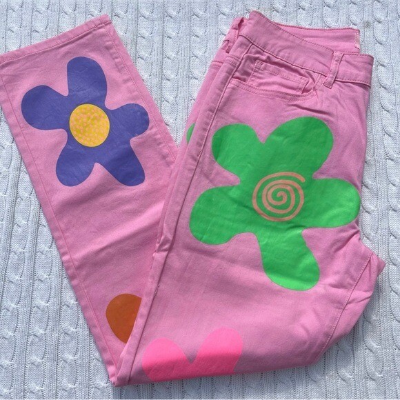 NWT Zig zag flower power groovy trippy mom jeans Sz S Y2k
