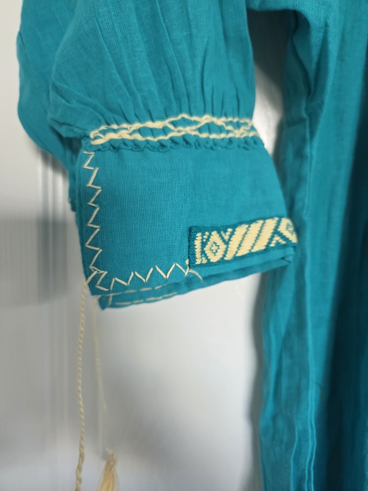 Teal Embroidered Peasant Tunic Top Women S/M Boho Lightweight Artisan Style