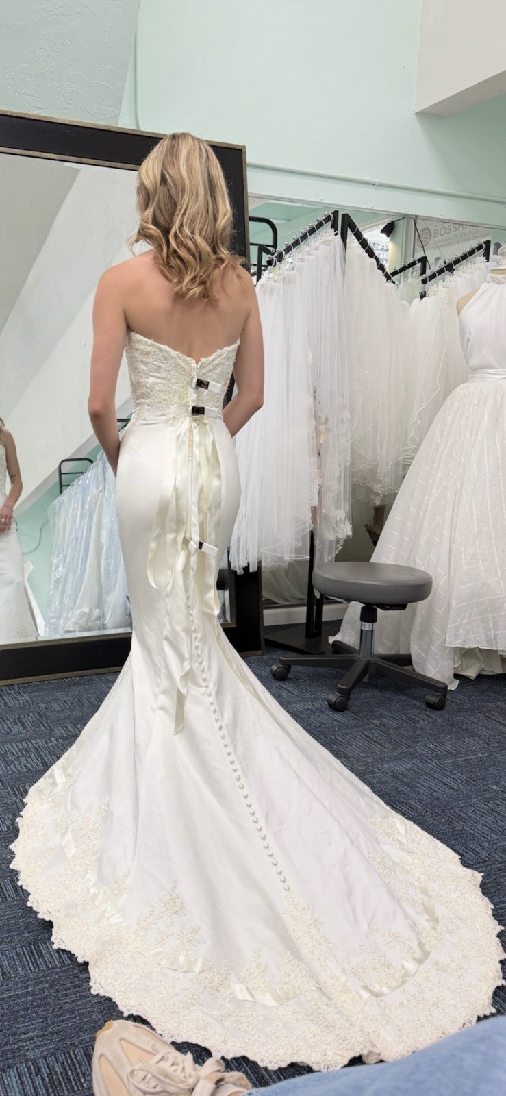 Ivory Strapless Lace Beaded Mermaid Wedding Dress with Train, Zipper Back