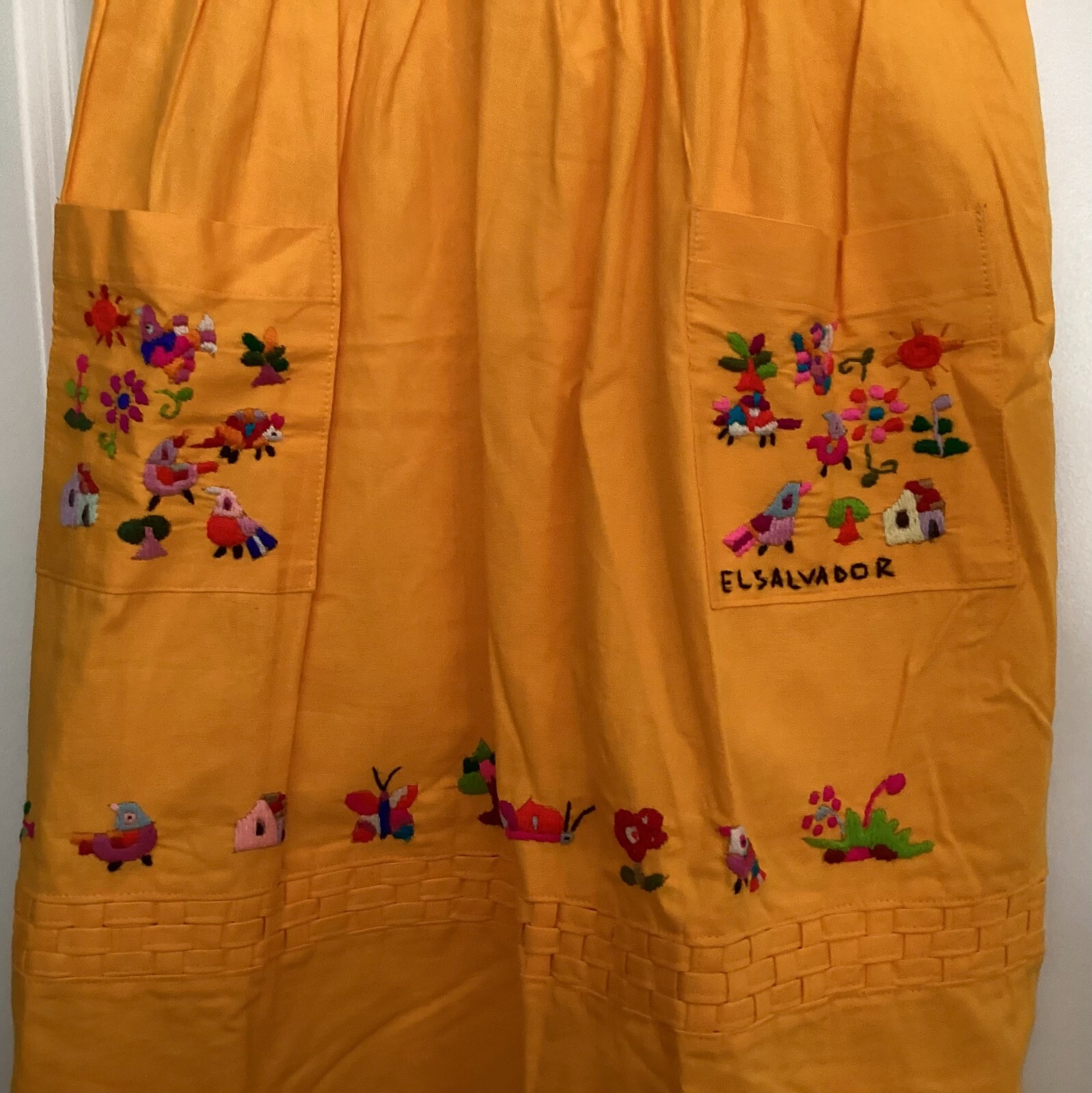 Ethnic floral dress 8 girls embroidered deep yellow El Salvador pockets