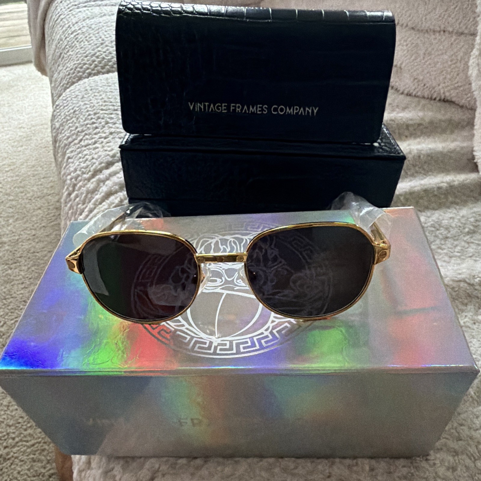 Vintage Frames Company Gold Metal Oval Sunglasses Black Tinted Lenses