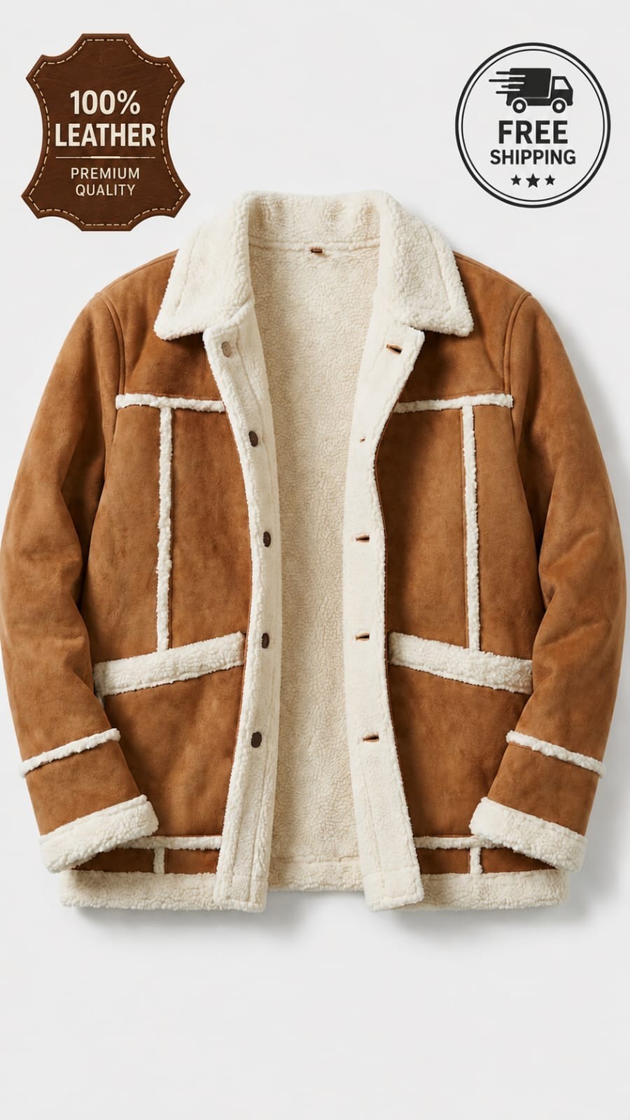 Men’s Vintage Tan/Brown Aviator Shearling Jacket Faux Suede Fleece Lined Coat