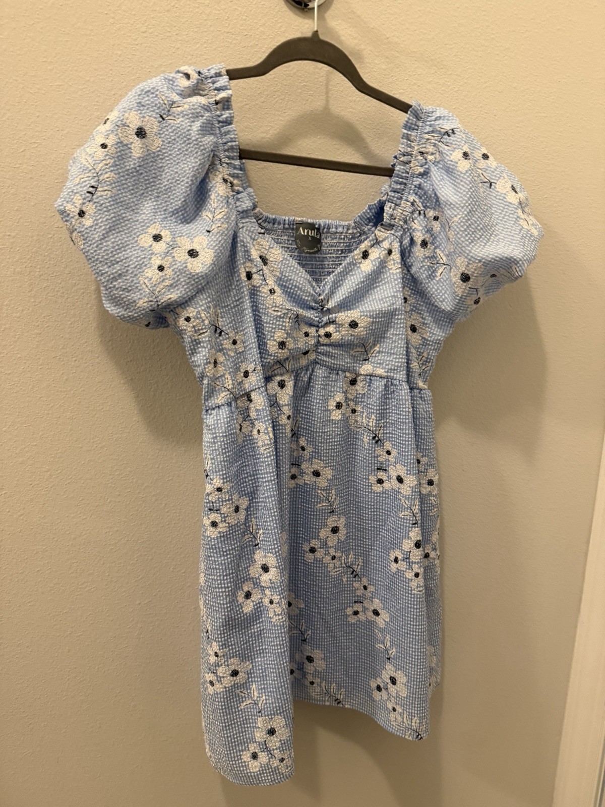 Arula Blue Floral Smocked Puff Sleeve V-Neck Mini Dress Women’s Size X