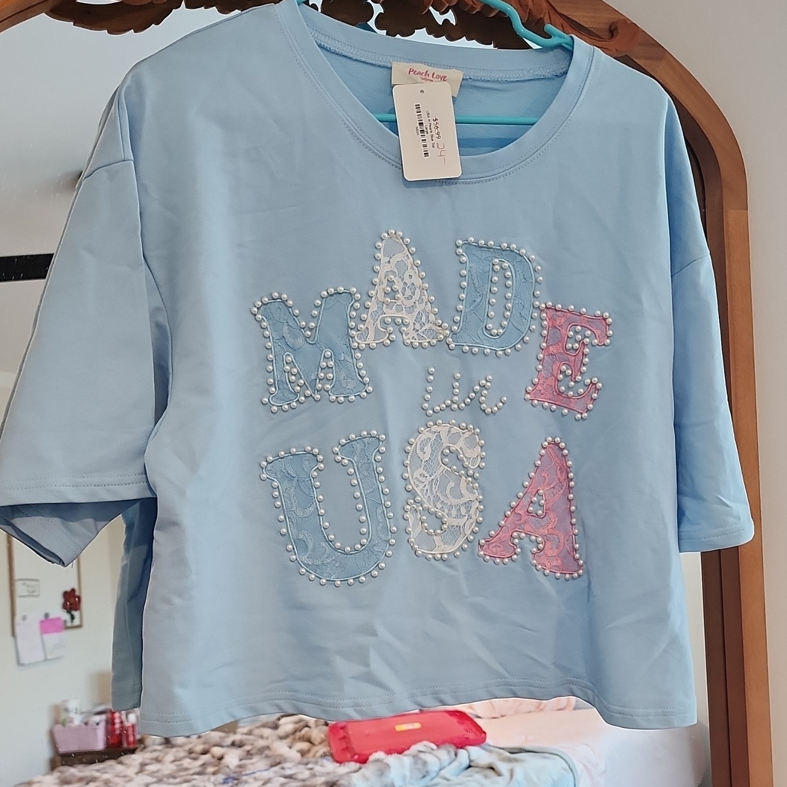 Peach Love. crop top Blue USA Graphic Print Lace & Pearl Beaded Cotton T-Shirt L