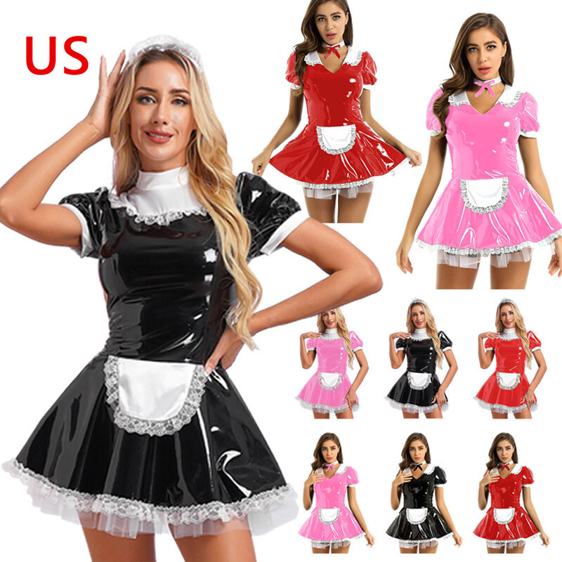 US Freebily Women Wet Look PVC Leather French Maid Costume Outfits Ruffles Dress