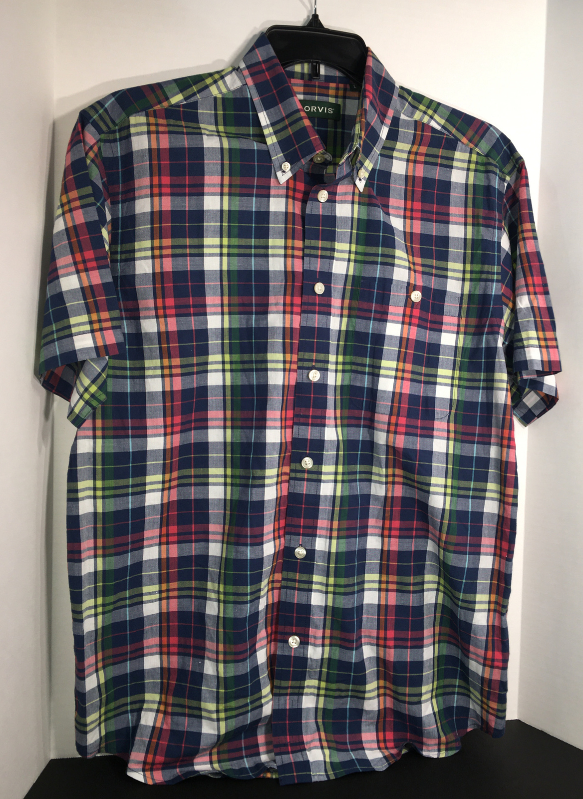 Orvis Mens Blue / White / Red / Green Button Front Short Sleeve Shirt Size L EUC