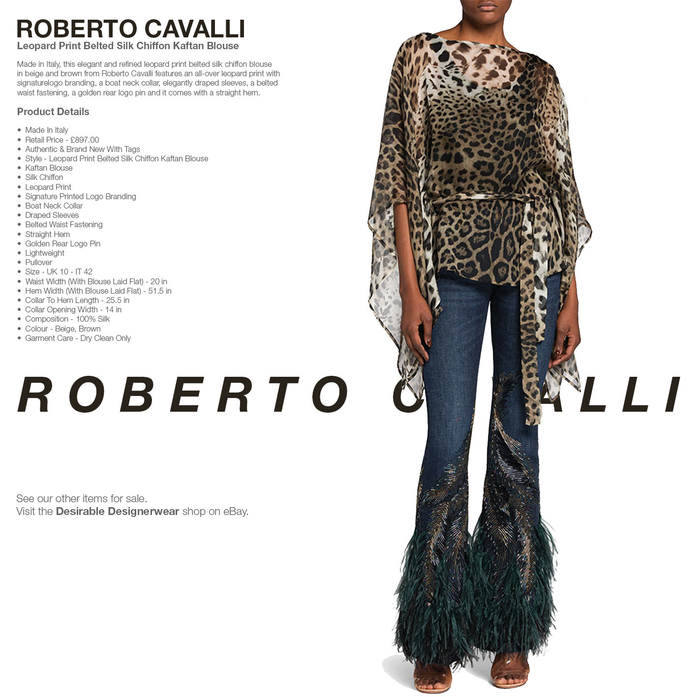 ROBERTO CAVALLI Kaftan Blouse Tunic Silk Leopard Print Brown Size 42 RP £897.00
