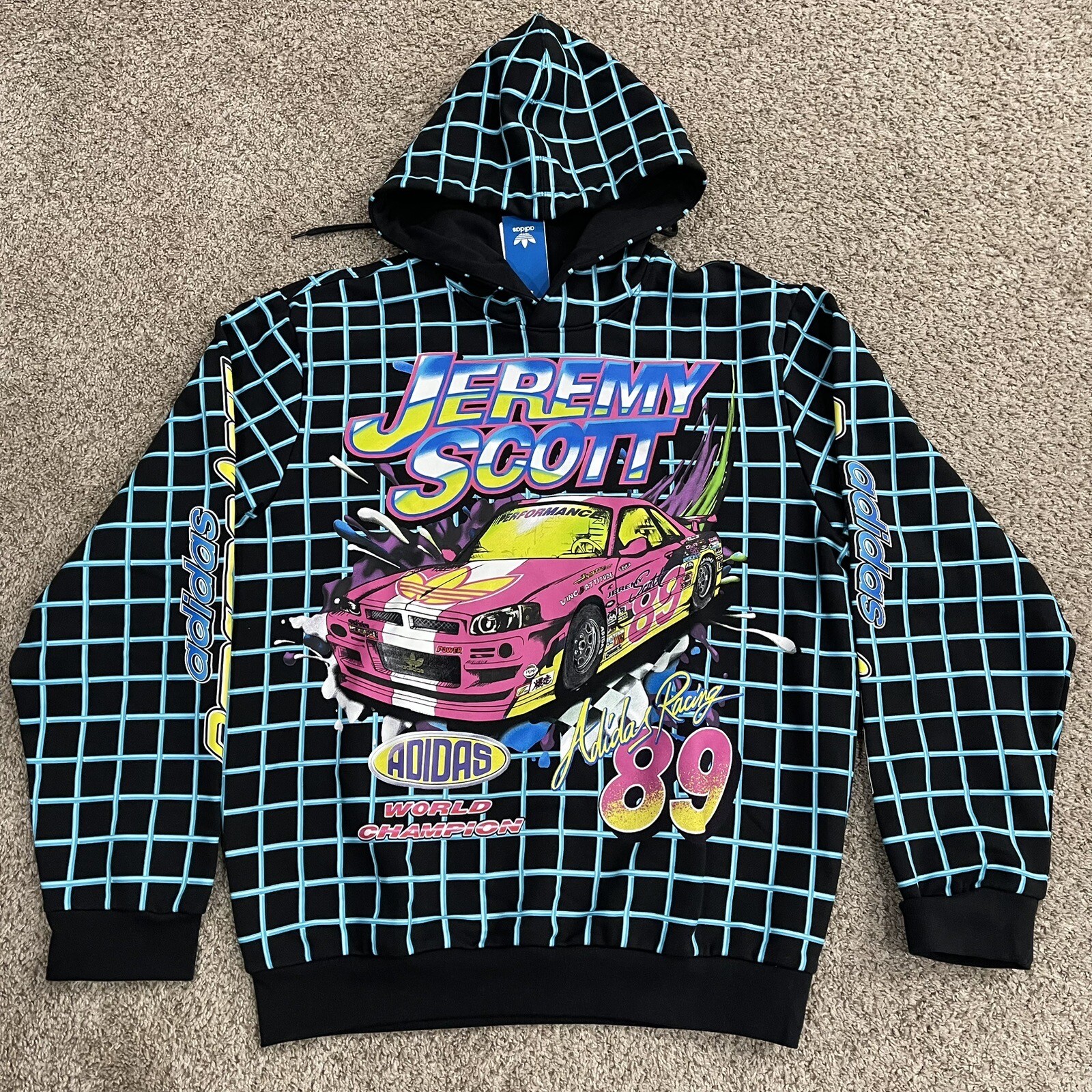 Adidas Hoodie Men Medium Black Jeremy Scott Grid Rally Racing Vibe Heavyweight