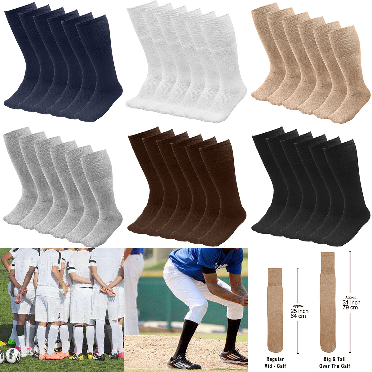 6/18 Pairs Men’s Athletic Sports Tube Socks Over the Calf 25″ or 31″ Big & Tall
