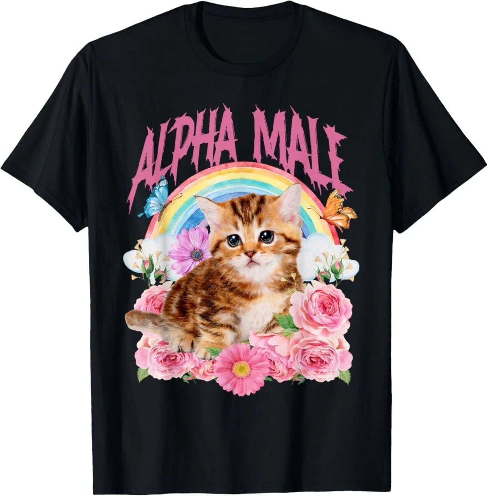 Alpha Male Funny Cat Kitten Rainbow Floral Unisex Cotton Graphic Tee